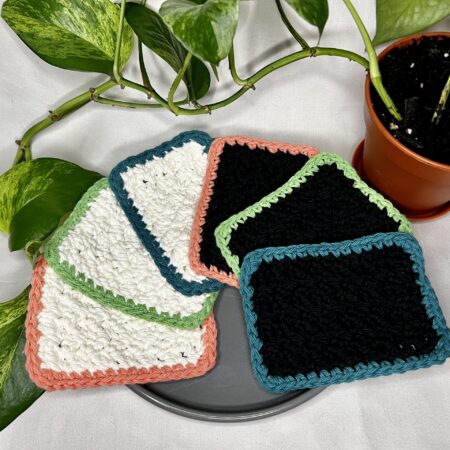 crochet dish washing pad, white with pink, white with green, white with turquoise, black with pink, black with green, black with turquoise